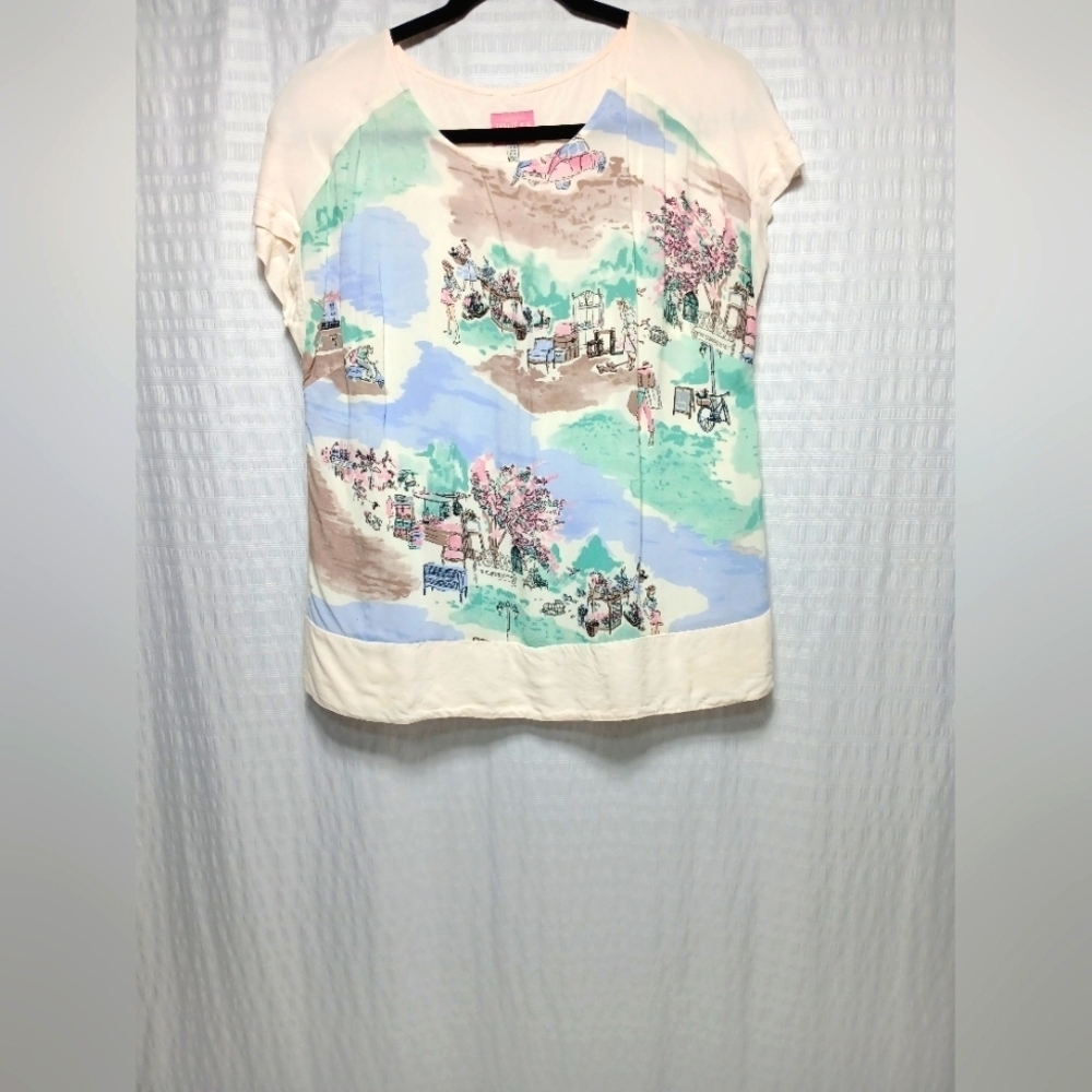 Joules Great Britian Viscose Short Sleeve Shopping Print Blouse. Size 6